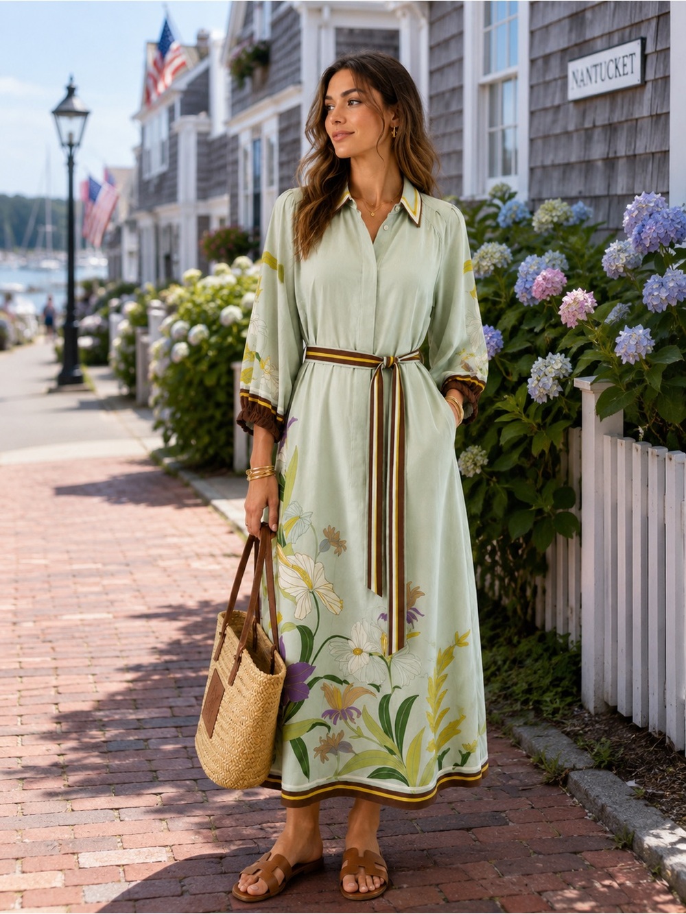 Alemais Sage Floral Maxi Dress with Striped Belt